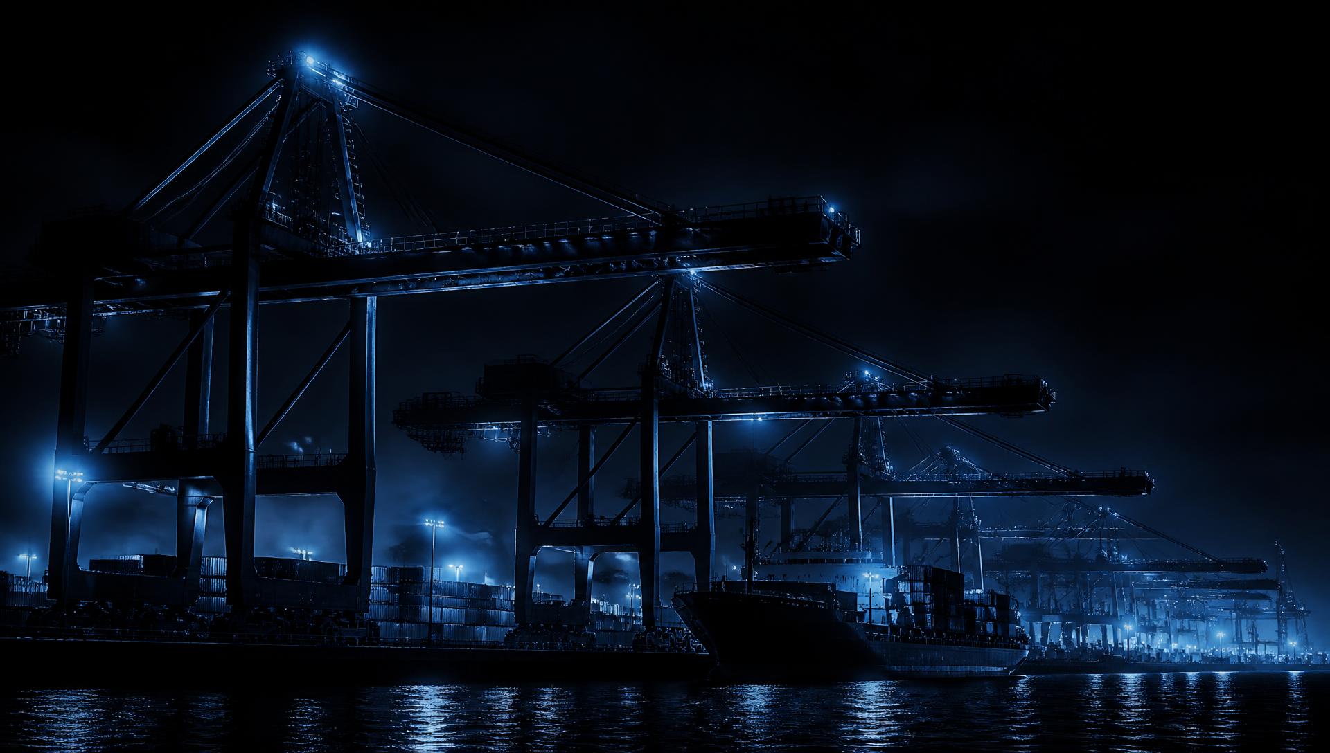Terminal portuaria industrial de noche con grúas de acero