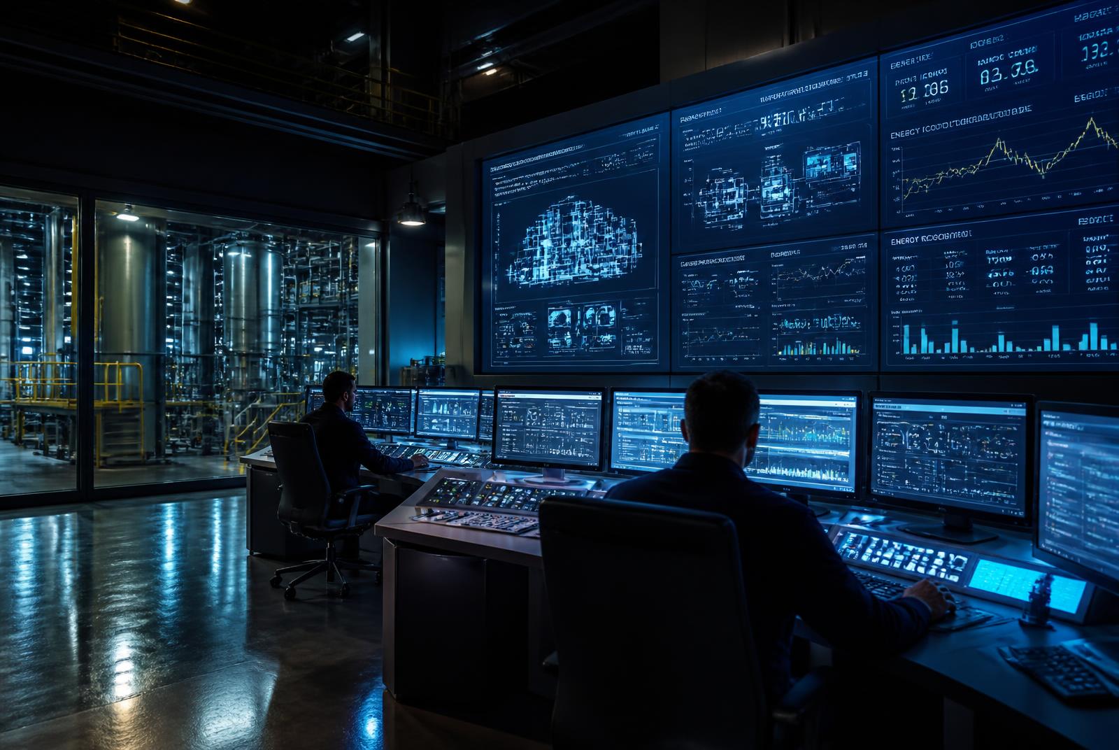 Sala de control industrial con pantallas de monitoreo de datos